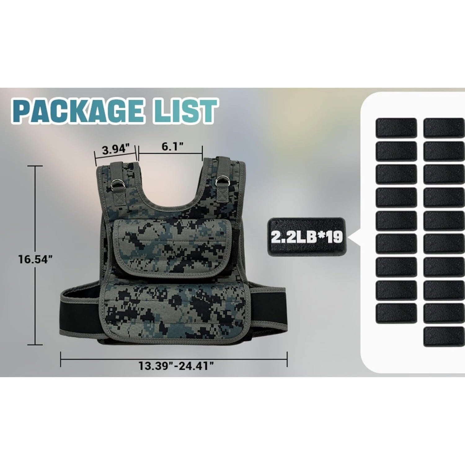 44LB Adjustable Weight Vest Weighted Vest with 19 Cast Iron Weights