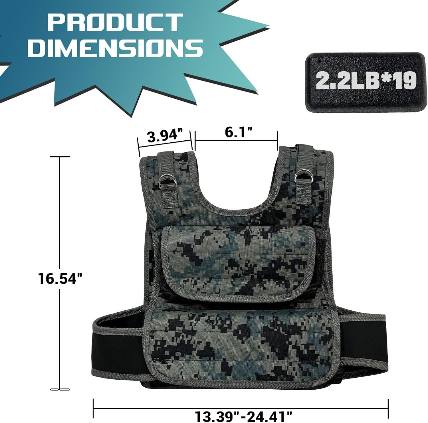 44LB Adjustable Weight Vest Weighted Vest with 19 Cast Iron Weights