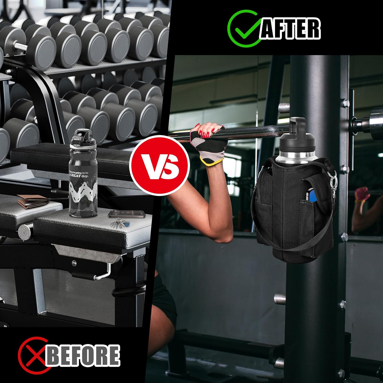 Magnetic Gym Bag Water Bottle Holder with Phone Pocket & Strap – 5 Magnet Sports Bottle Sleeve & Fitness Accessories Organizer