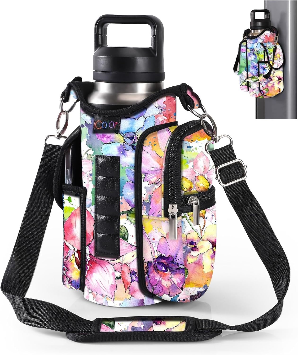 Magnetic Gym Bag Water Bottle Holder with Phone Pocket & Strap – 5 Magnet Sports Bottle Sleeve & Fitness Accessories Organizer