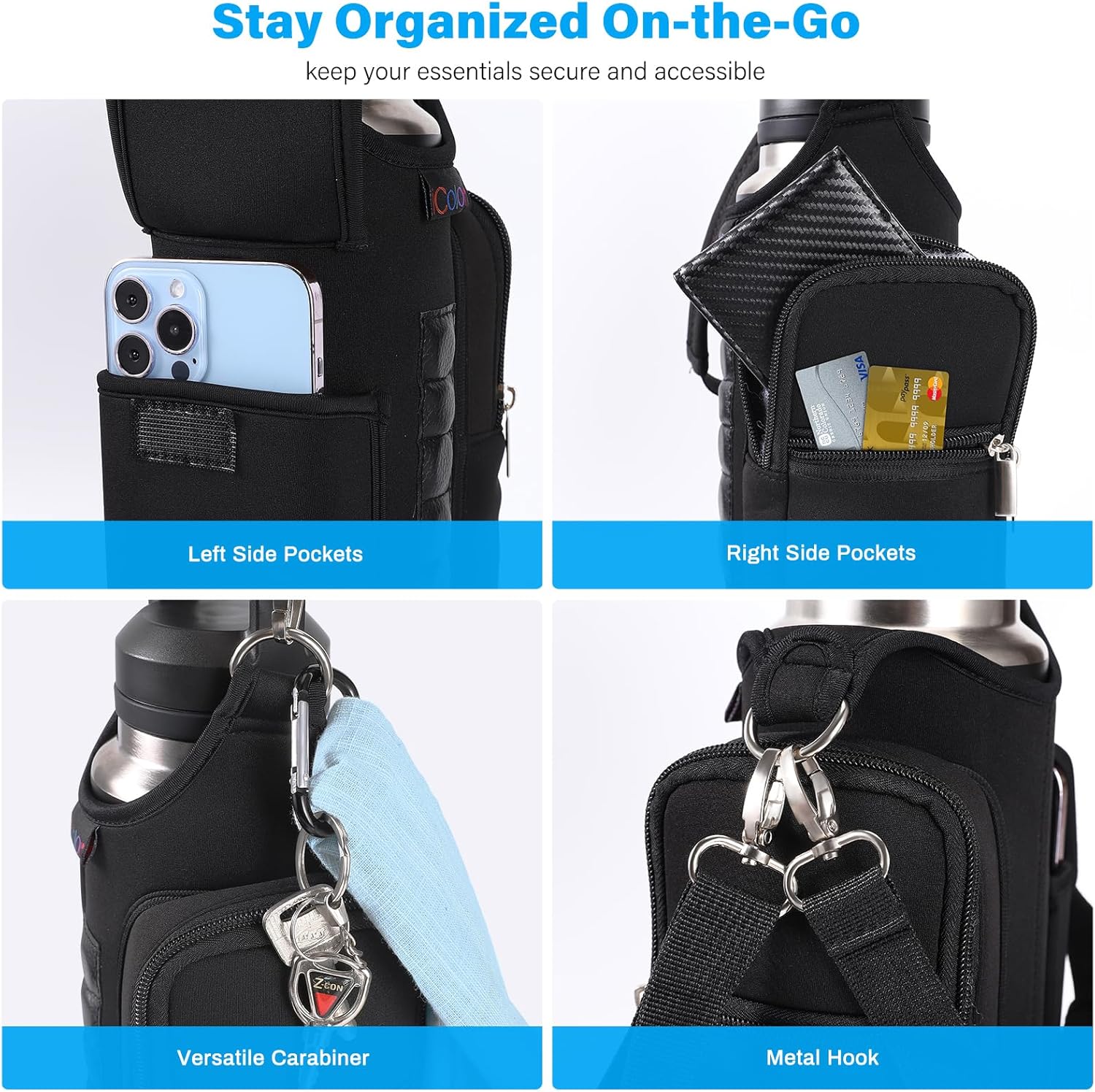 Magnetic Gym Bag Water Bottle Holder with Phone Pocket & Strap – 5 Magnet Sports Bottle Sleeve & Fitness Accessories Organizer