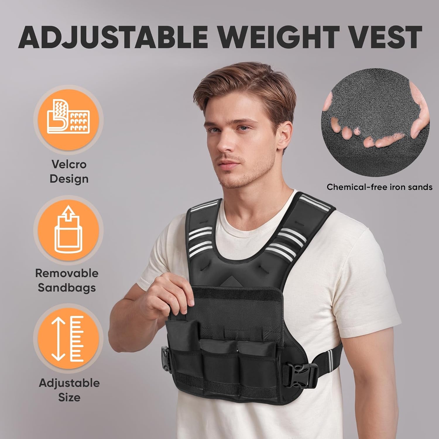 Adjustable Weighted Vest for Men & Women – 4–32 lbs with Iron Sand Weights & Large Pocket – Black Weight Vest for Running, Walking & Strength Training