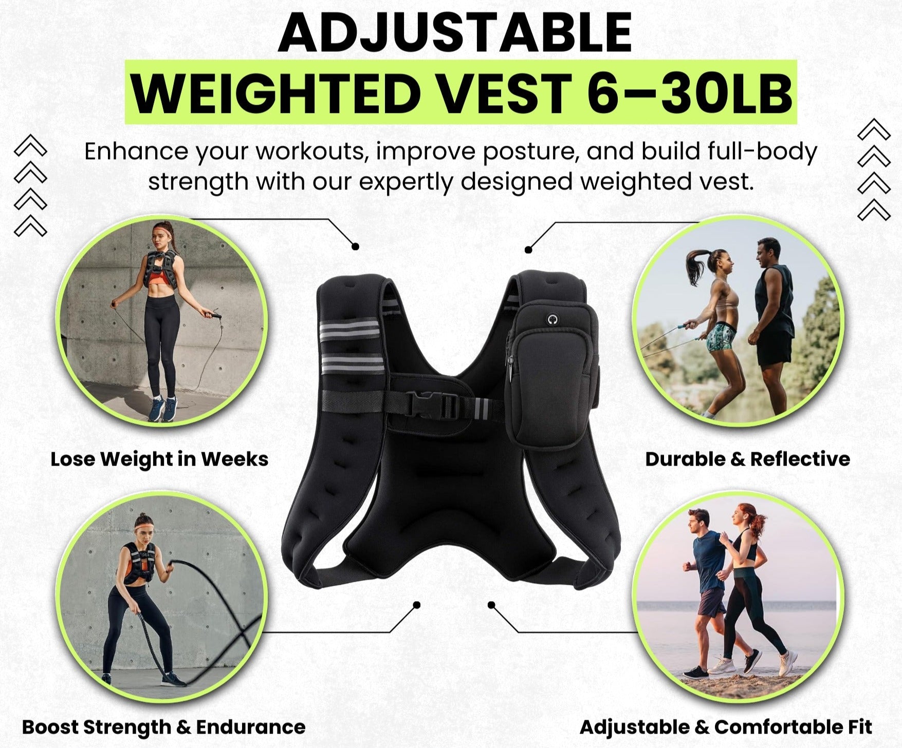 Adjustable Weighted Vest 6–30Lb for Workout, Running, Strength Training & Weight Loss with Reflective Stripe