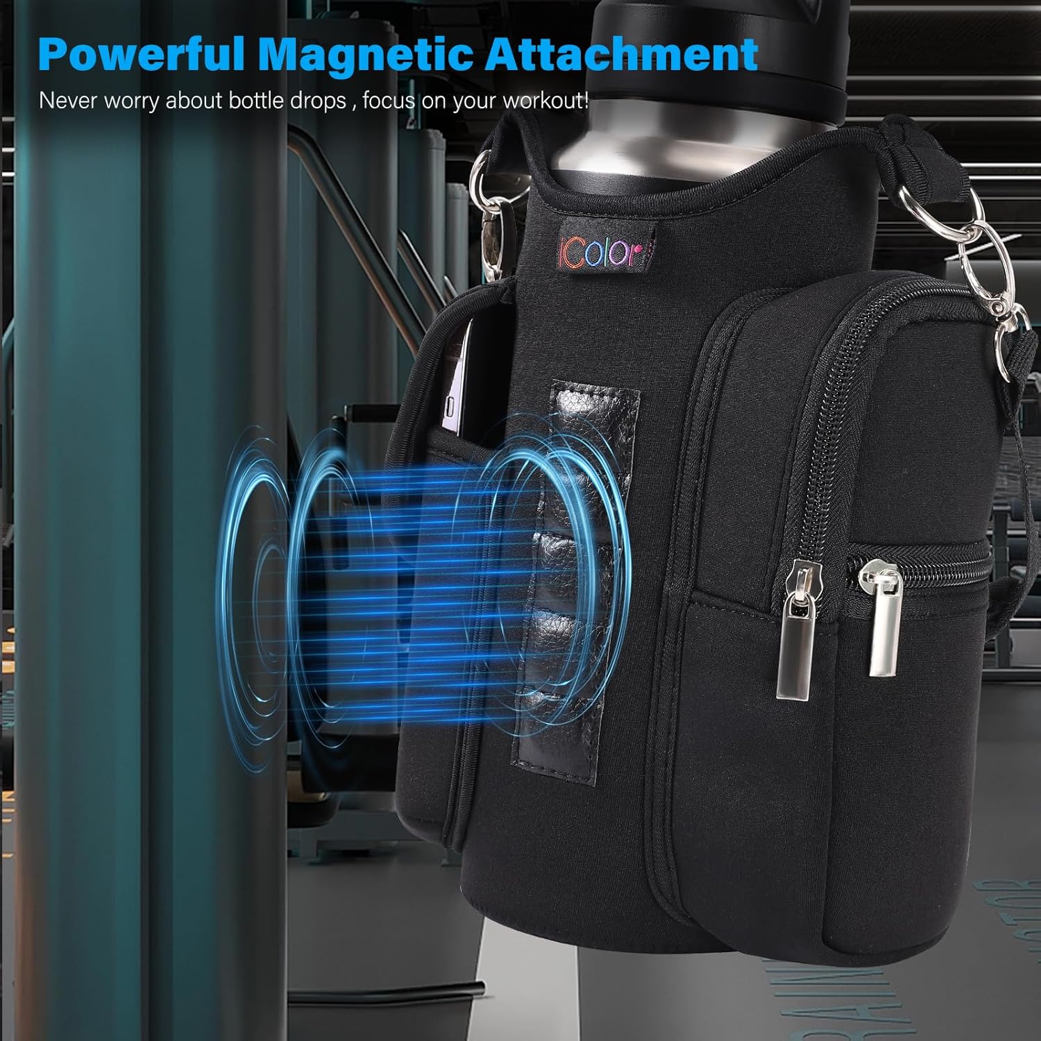 Magnetic Gym Bag Water Bottle Holder with Phone Pocket & Strap – 5 Magnet Sports Bottle Sleeve & Fitness Accessories Organizer
