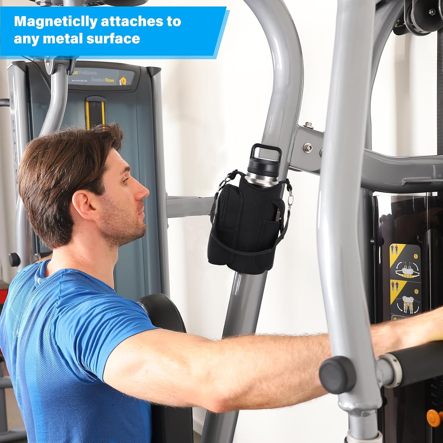 Magnetic Gym Bag Water Bottle Holder with Phone Pocket & Strap – 5 Magnet Sports Bottle Sleeve & Fitness Accessories Organizer
