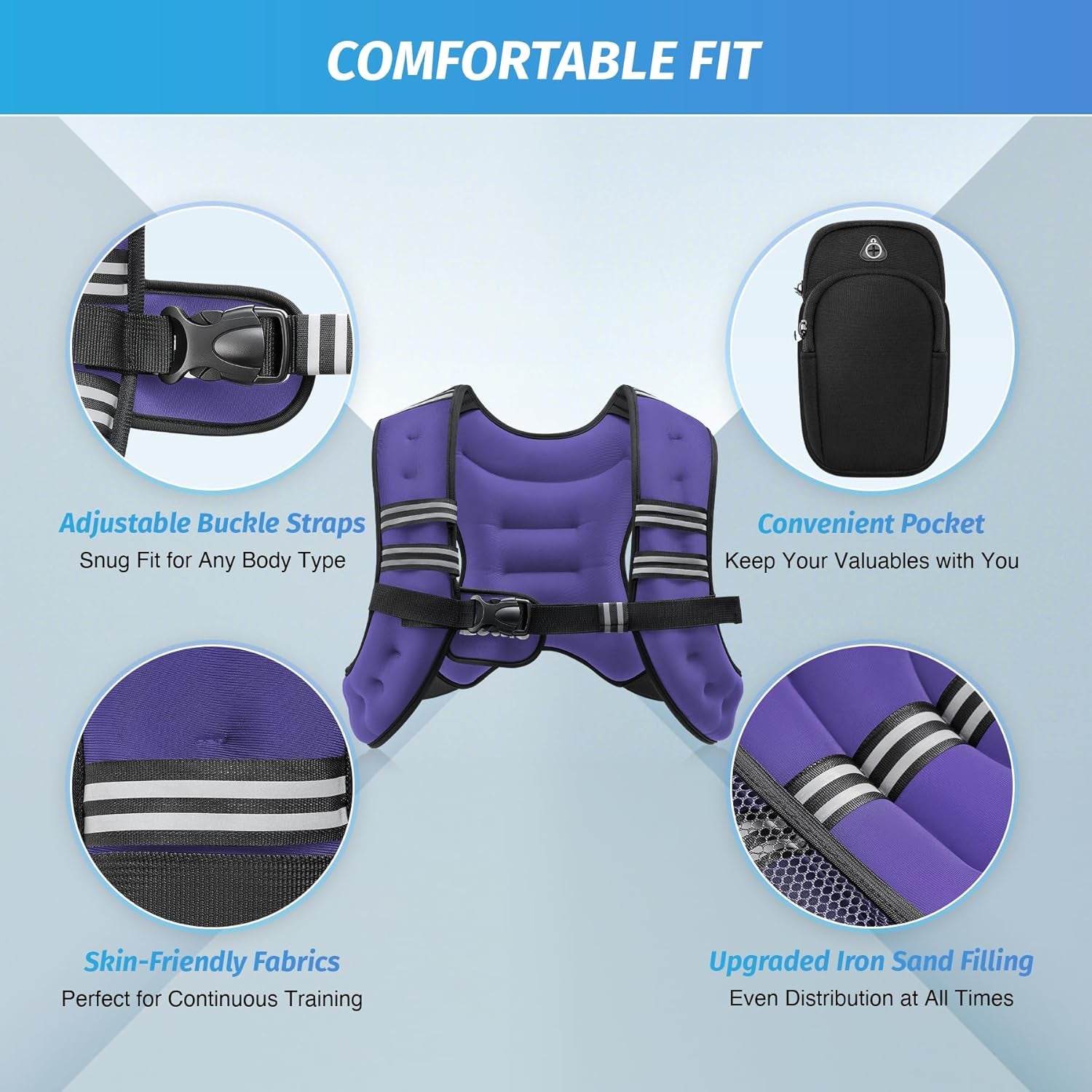 Adjustable Weighted Vest (6–30 lbs) with Reflective Stripes – Strength Training, Running, CrossFit, Fitness & Weight Loss – Purple