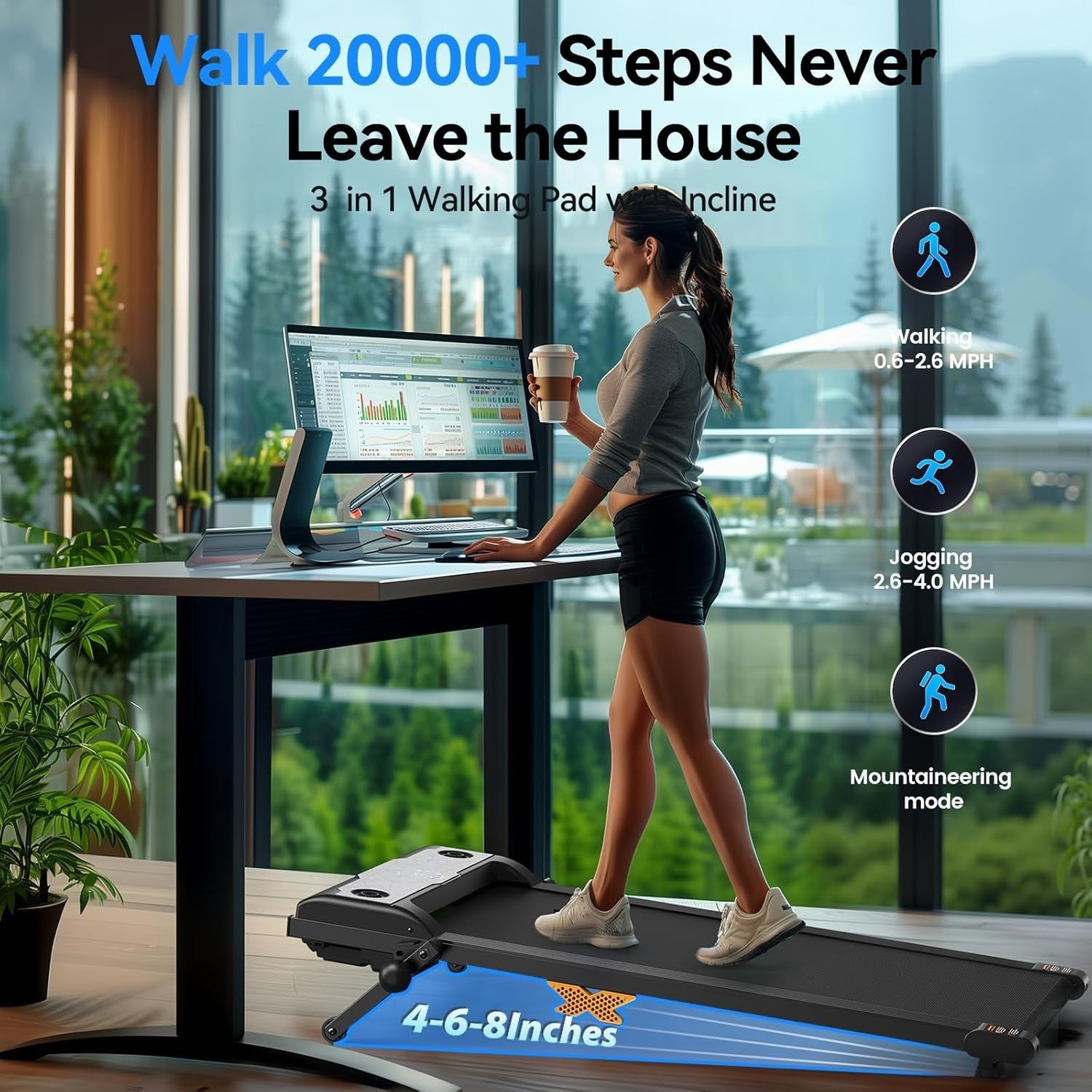 3-in-1 Mini Walking Jogging Machine with Incline | Compact Treadmill Walking Pad 2.5HP for Home & Office Fitness